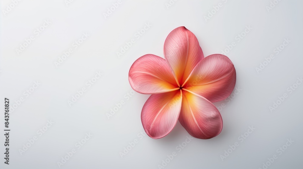 Pink frangipani flower on white background.