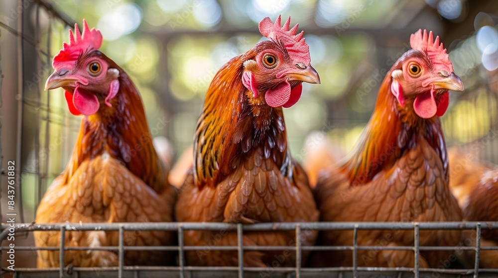 Naklejka premium Chickens in a cage on a farm