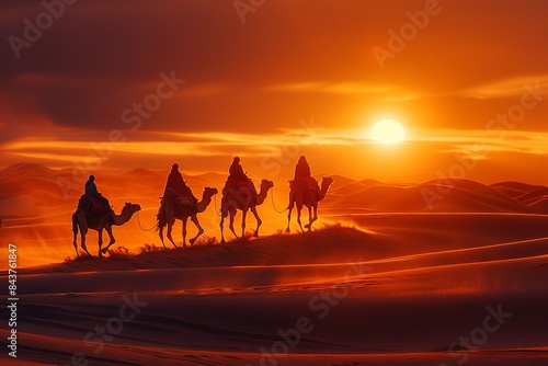 Embark on a visual adventure as a caravan of camels traverses the expansive desert landscape  with vast stretches of sand and distant dunes creating a mesmerizing scene of ancient nomadic travel