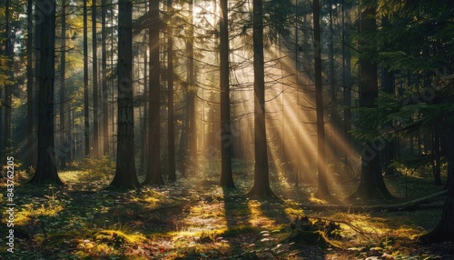 Spectacular sun rays shining through woods and tree in the dense forest. Green and lust forest on a beautiful summer day