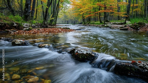 A tranquil river flowing through a forest, with industrial wastewater visibly contaminating the water, emphasizing the environmental impact of factory waste disposal. Dramatic Photo Style,