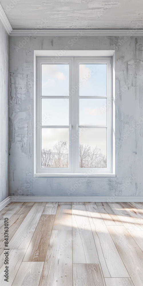 Fototapeta premium Window in an empty room with neutral tones. Home interiors with copy space.