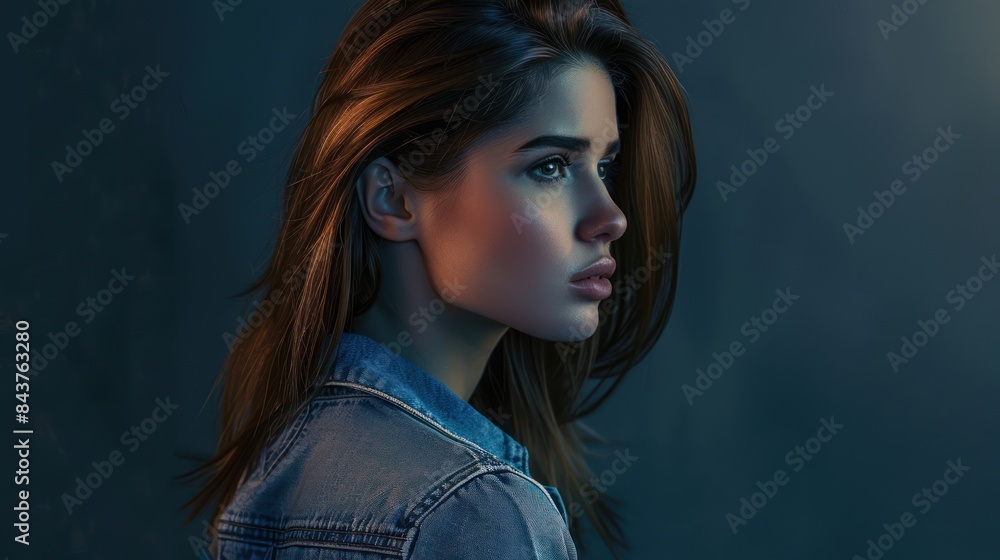 Fototapeta premium An image of a woman in a side profile with a confident pose. She has brown hair with bronze highlights hairstyle, prominent cheekbones, a straight nose, and full lips. She is wearing a fitted 