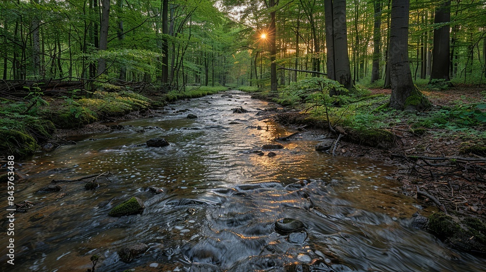 Fototapeta premium A tranquil forest with a river running through it, marred by the visible presence of industrial waste, highlighting the environmental consequences of factory activities. Dramatic Photo Style,