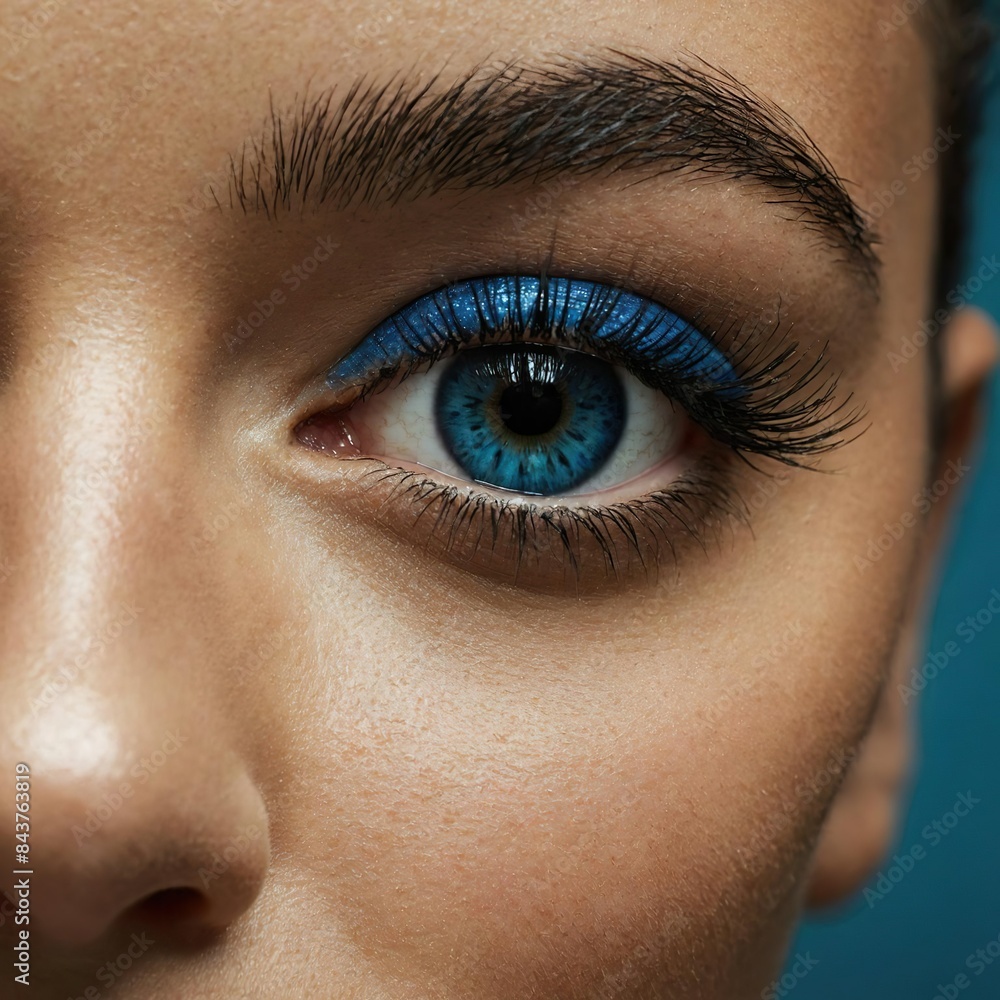 Obraz premium Young beautiful face of a woman with blue eyes, bright stylish attractive festive holiday makeup. A close, expressive gaze. Fashion & Style. Trendy makeup.