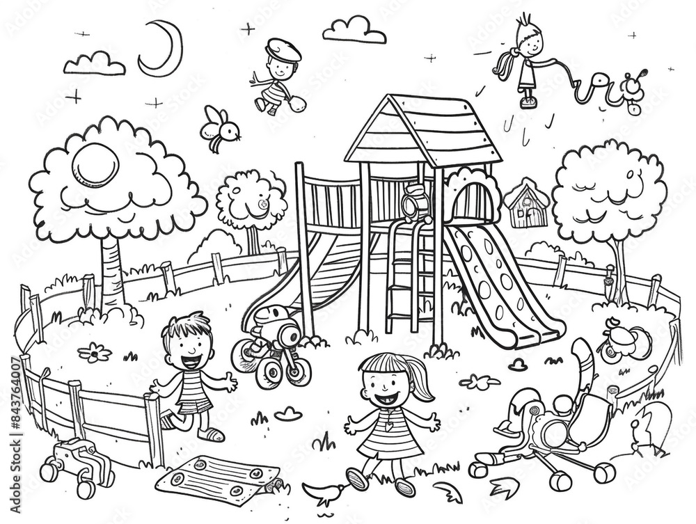 Fototapeta premium Children's drawing on the theme of children's playground. Drawings in black and white.