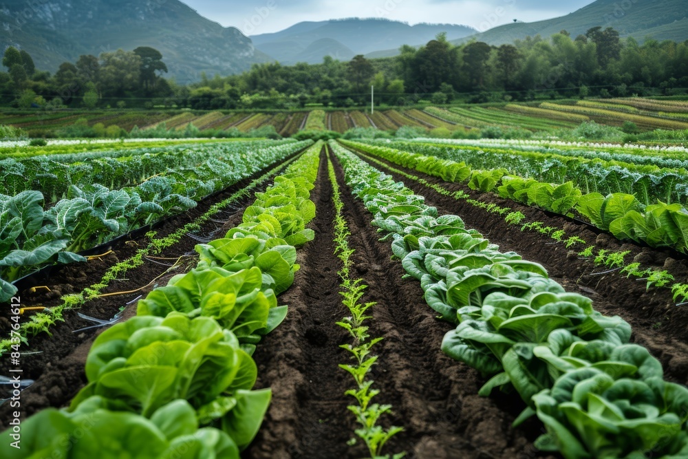 Scenic Genetically Modified Vegetable Farm with Vibrant Rows of Healthy Plants for Agricultural and Eco-Focused Designs Scenic Genetically Modified Vegetable Farm with Vibrant Rows of Healthy Plants for Agricultural and Eco-Focused Designs