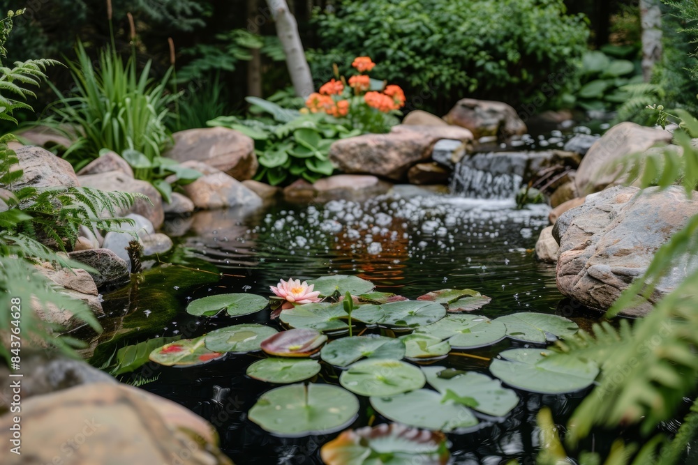 Serene Garden with Waterfall and Pond Featuring Lilies, Ferns, and Blooming Flowers - Ideal for Tranquil Retreats Serene Garden with Waterfall and Pond Featuring Lilies, Ferns, and Blooming Flowers - Ideal for Tranquil Retreats