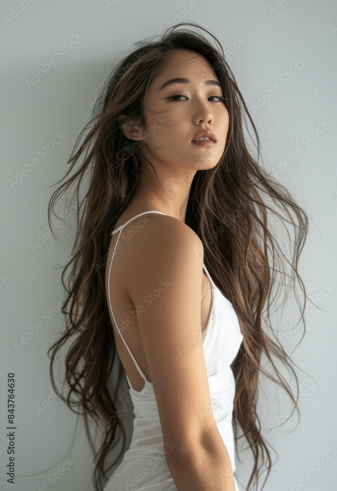 beautiful asian girl, fit, tan, stylish, realistic, dark brown eye, long wavy hair, hyperdetail photography, soft light, in her fitted white dress, happ, lean on, side profile, white background cool beautiful asian girl, fit, tan, stylish, realistic, dark brown eye, long wavy hair, hyperdetail photography, soft light, in her fitted white dress, happ, lean on, side profile, white background cool