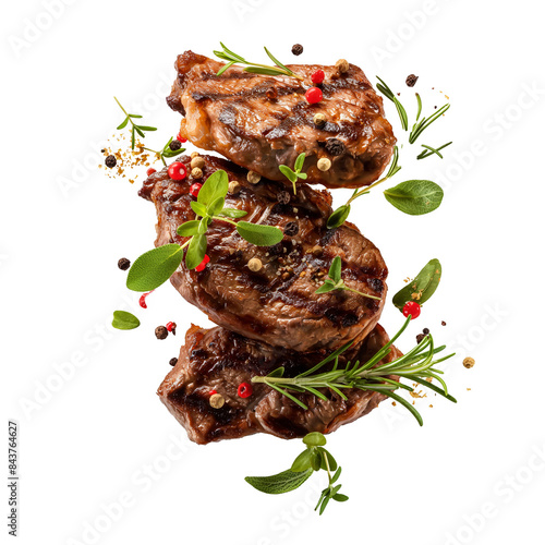 Grill Beef steaks, realistic 3d brisket flying in the air, grilled meat collection, ultra realistic, icon, detailed, angle view food photo, steak composition