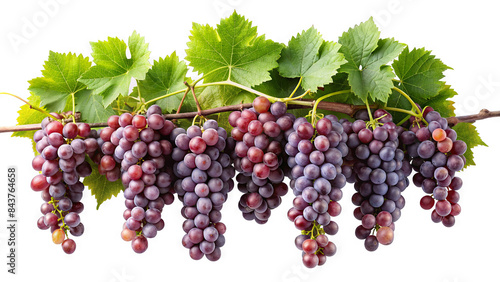 A close-up image of a bunch of red grapes hanging on a vine with green leaves, isolated on a white background
