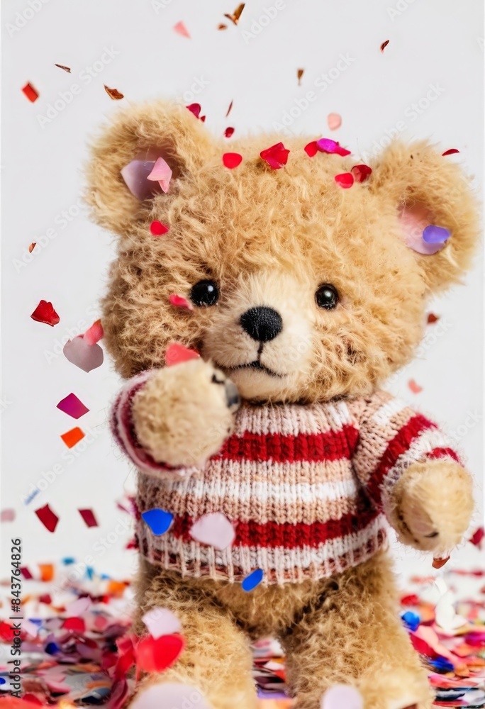 A small teddy bear, Confetti is flying around the bear A small teddy bear, Confetti is flying around the bear