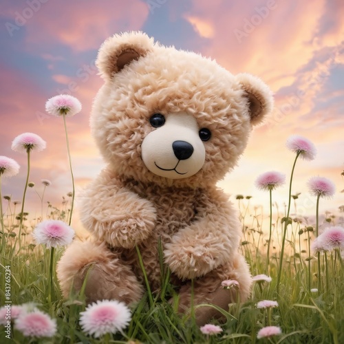 Large teddy bear sits in a field with pink flowers, against a purple sky backdrop