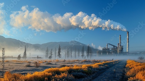 A clear blue sky over a national park, gradually turning gray from the smoke of distant industrial plants, depicting the widespread reach of air pollution. Dramatic Photo Style,