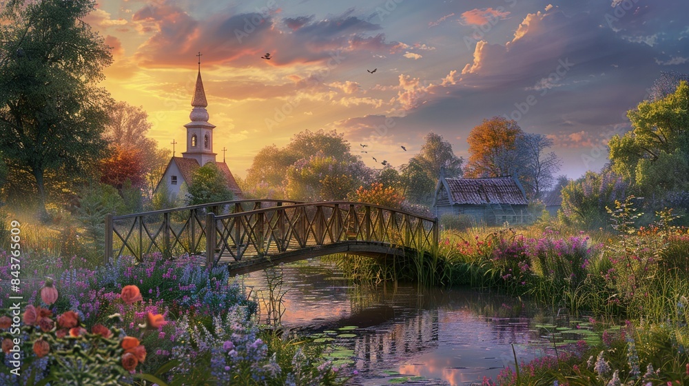 Painting of scenic view of church in countryside with bridge pond and rural scene.
