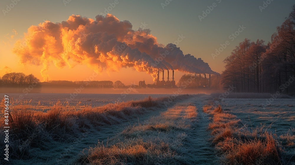 A clear sky over a meadow, gradually darkening from the smoke of nearby factories, blending natural beauty with the effects of air pollution. Dramatic Photo Style, A clear sky over a meadow, gradually darkening from the smoke of nearby factories, blending natural beauty with the effects of air pollution. Dramatic Photo Style,