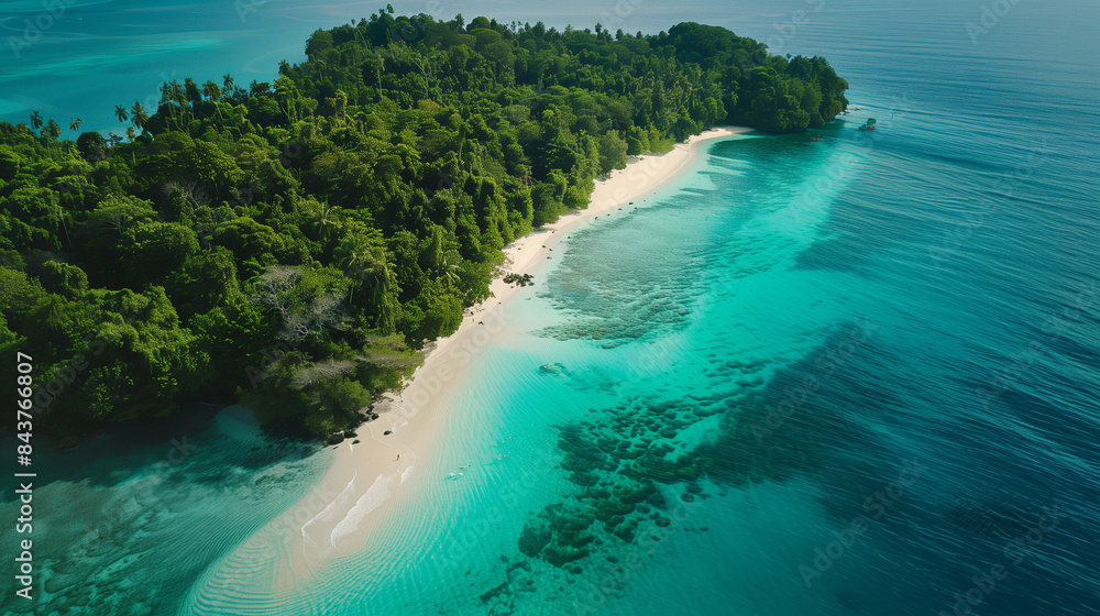 aerial view of tropical island, turquoise waters, lush green foliage, white sandy beach, idyllic escape aerial view of tropical island, turquoise waters, lush green foliage, white sandy beach, idyllic escape