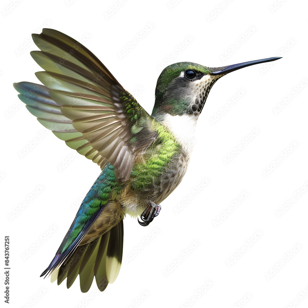 Fototapeta premium Vibrant photograph of a hummingbird in mid-flight, isolated on transparency PNG background, showcasing its iridescent green feathers and rapid wing movement.