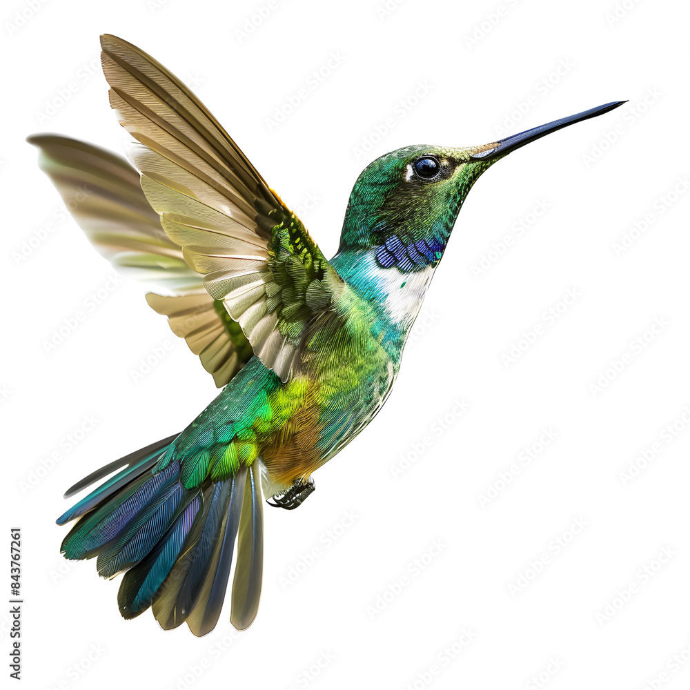 Fototapeta premium Vivid image of a colorful hummingbird in flight, isolated on transparency PNG background, displaying stunning plumage and intricate wing details.