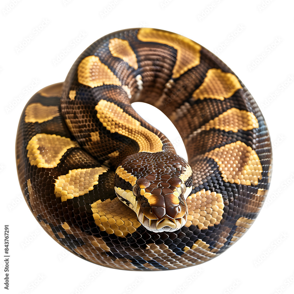 Obraz premium A close-up image of a coiled ball python showcasing its intricate patterns and textured scales, isolated on transparency PNG background, Ideal for nature and wildlife themes.