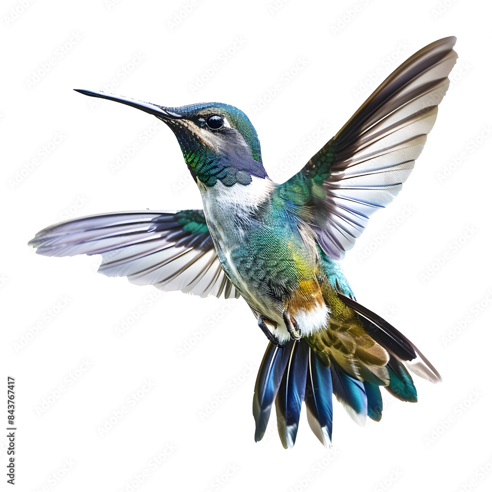 Fototapeta premium Close-up image of a vibrant hummingbird in flight, showcasing its colorful feathers and delicate wings against isolated on transparency PNG background.