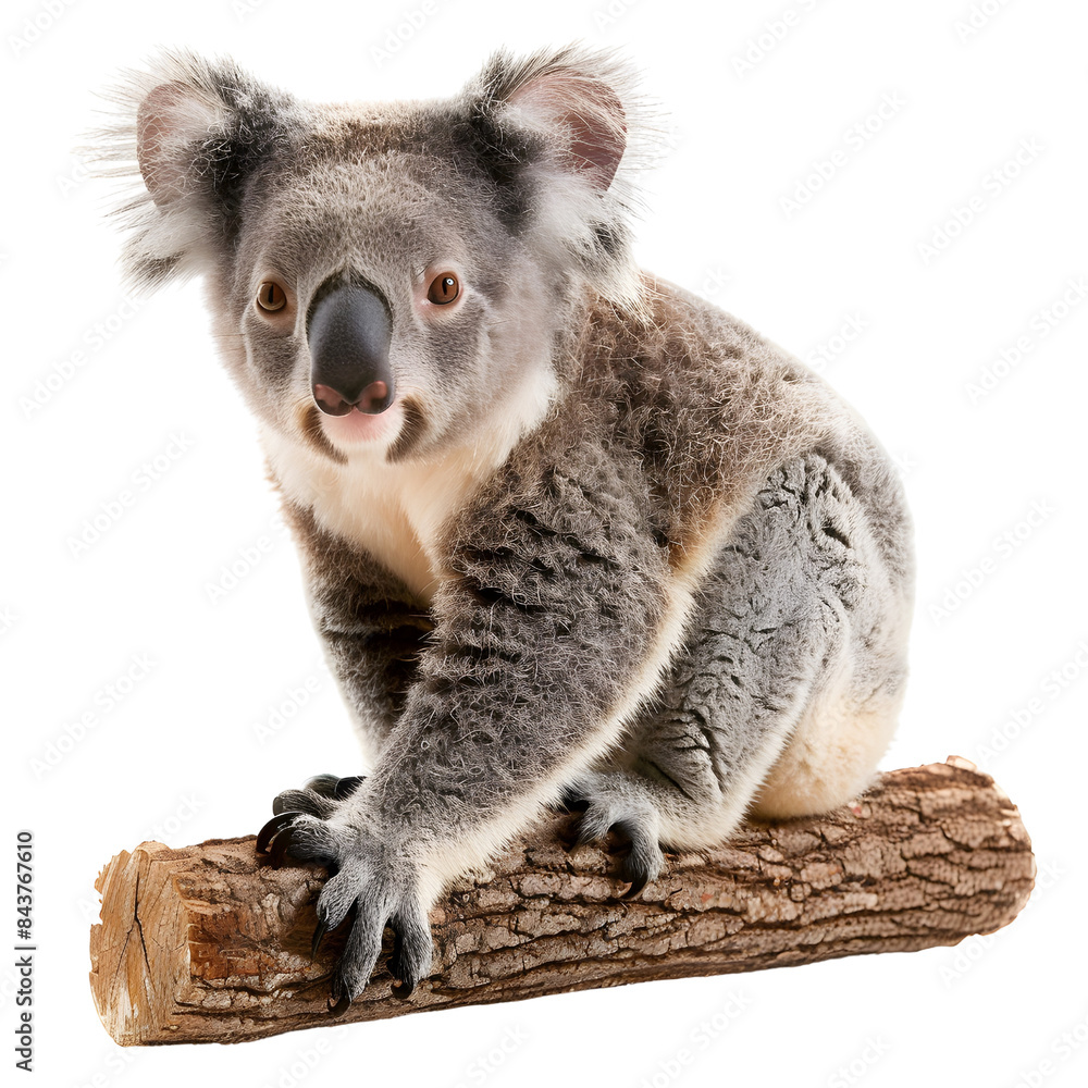 Naklejka premium Cute koala perched on a tree log with a isolated on transparency PNG background, Ideal for wildlife, nature, and animal-themed projects.