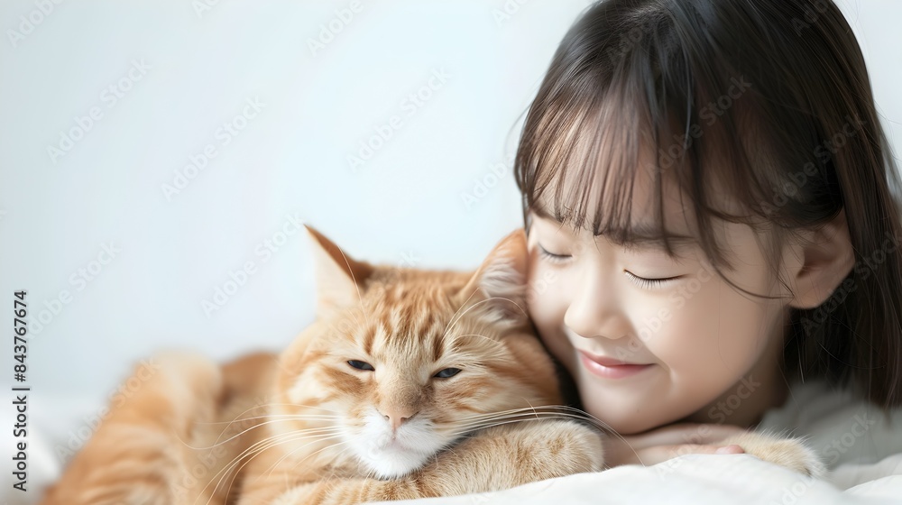 A Korean Girl Tenderly Petting Her Relaxed Cat on White Background A Korean Girl Tenderly Petting Her Relaxed Cat on White Background