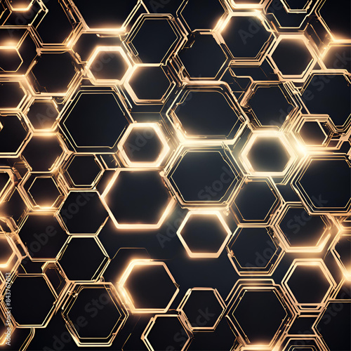 Geometric hi-tech patterns with interconnected hexagons and glowing elements, forming a sophisticated and intricate digital background design