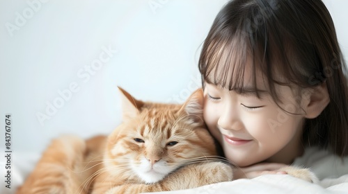 A Korean Girl Tenderly Petting Her Relaxed Cat on White Background