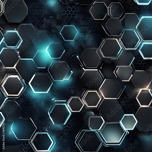 Geometric hi-tech patterns with interconnected hexagons and glowing elements, forming a sophisticated and intricate digital background design