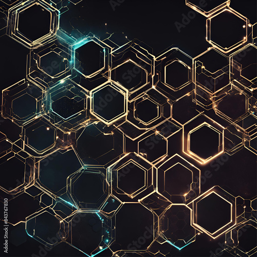 Geometric hi-tech patterns with interconnected hexagons and glowing elements, forming a sophisticated and intricate digital background design