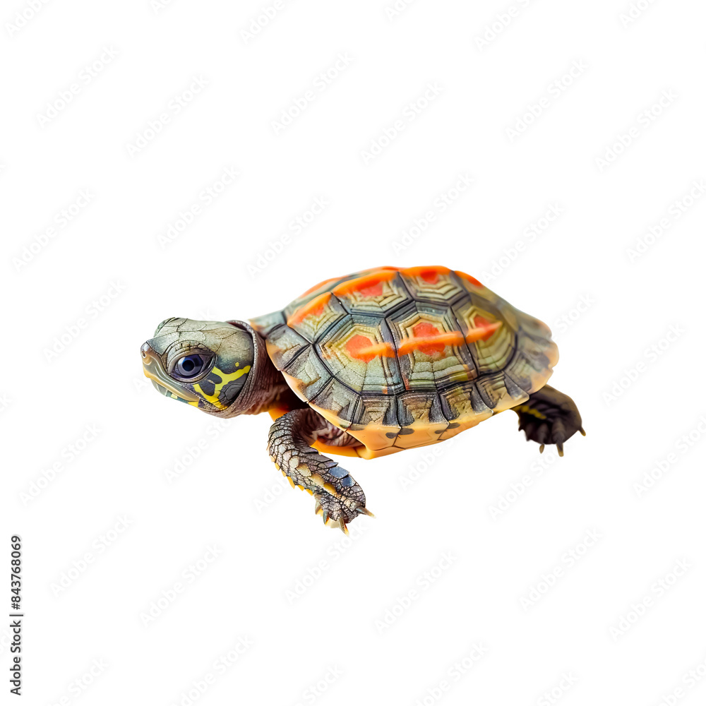 Tiny Baby Turtle Crawling Slowly on Clean White Background with Focus on Detailed Shell Tiny Baby Turtle Crawling Slowly on Clean White Background with Focus on Detailed Shell