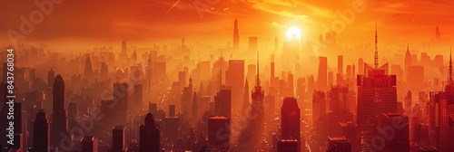 Hot red glowing sun in sky over a large city in summer