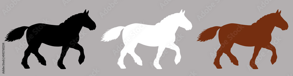 Fototapeta premium Black, white and brown silhouette of the draft horse. Equine drawing.