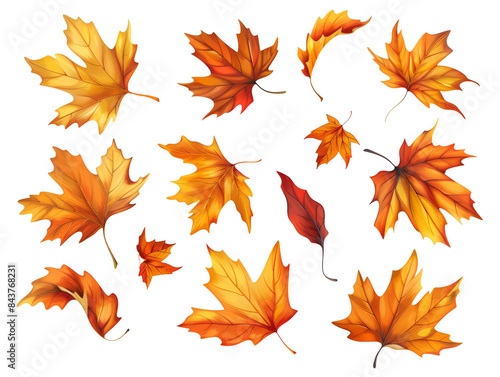 Vector clip art. A set of individual autumn leaves, creating a sense of movement and wind