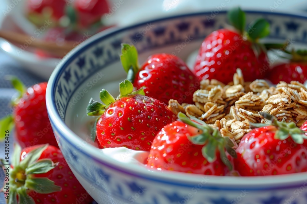 Close Up of Fresh Strawberries with Yogurt and Granola in a Healthy Breakfast Bowl Close Up of Fresh Strawberries with Yogurt and Granola in a Healthy Breakfast Bowl