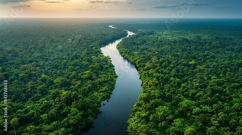 A lush forest with a river flowing through it, tainted by chemical discharge from an upstream factory, demonstrating the impact of industrial waste on freshwater ecosystems. Dramatic Photo Style,