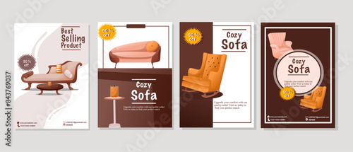 set of flyer for cozy sofa, armchair, house, home. A4 vector illustration for flyer, poster, banner, advertising, special offer, discount.