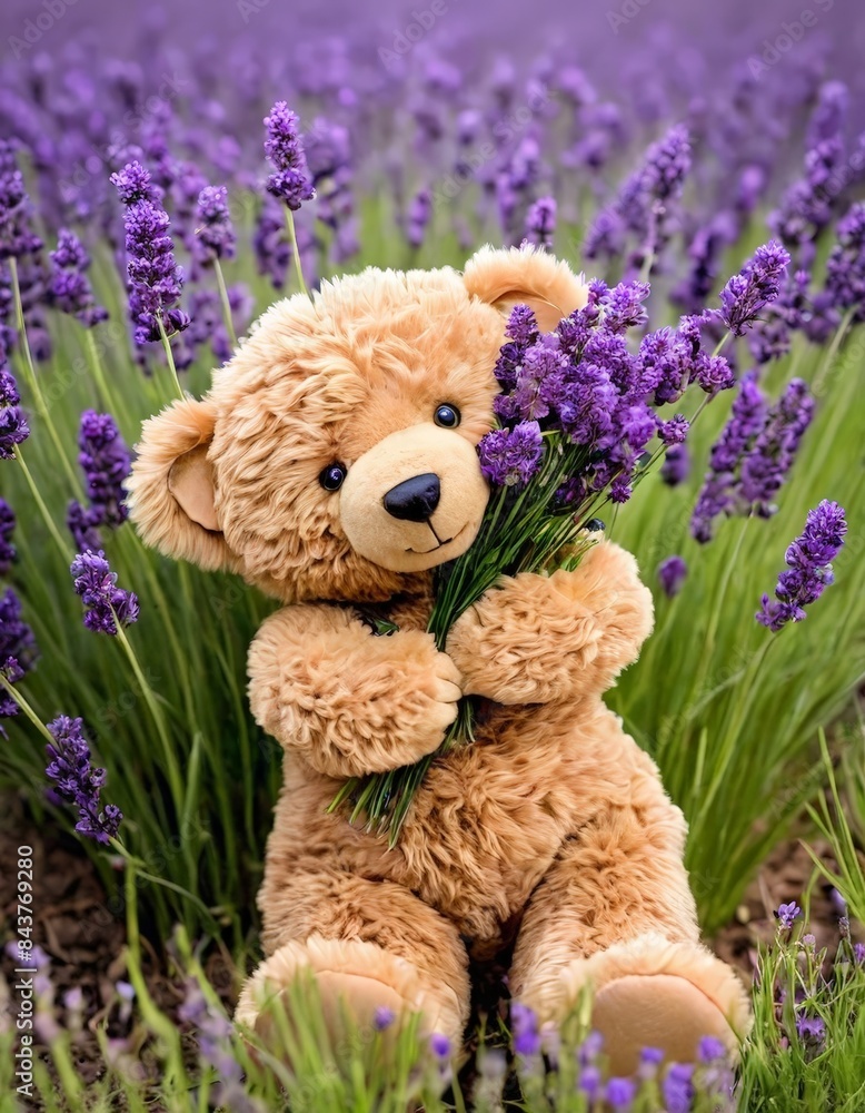 A teddy bear holding purple flowers, set against a backdrop of more flowers and tall grass The bear has brown fur and appears happy A teddy bear holding purple flowers, set against a backdrop of more flowers and tall grass The bear has brown fur and appears happy