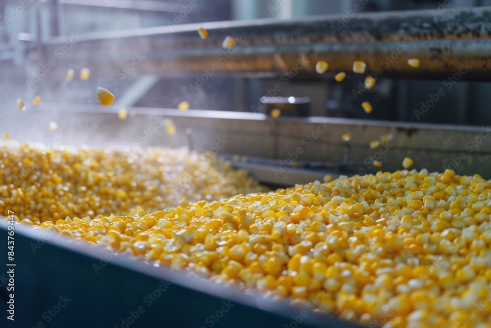 Genetically Modified Corn Kernels on Processing Line in Food Manufacturing Plant Genetically Modified Corn Kernels on Processing Line in Food Manufacturing Plant