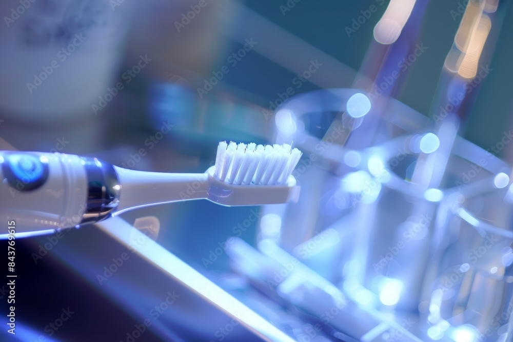 Close-Up of High-Tech Electric Toothbrush with Advanced Bristle Cleaning Motion for Optimal Dental Care Close-Up of High-Tech Electric Toothbrush with Advanced Bristle Cleaning Motion for Optimal Dental Care