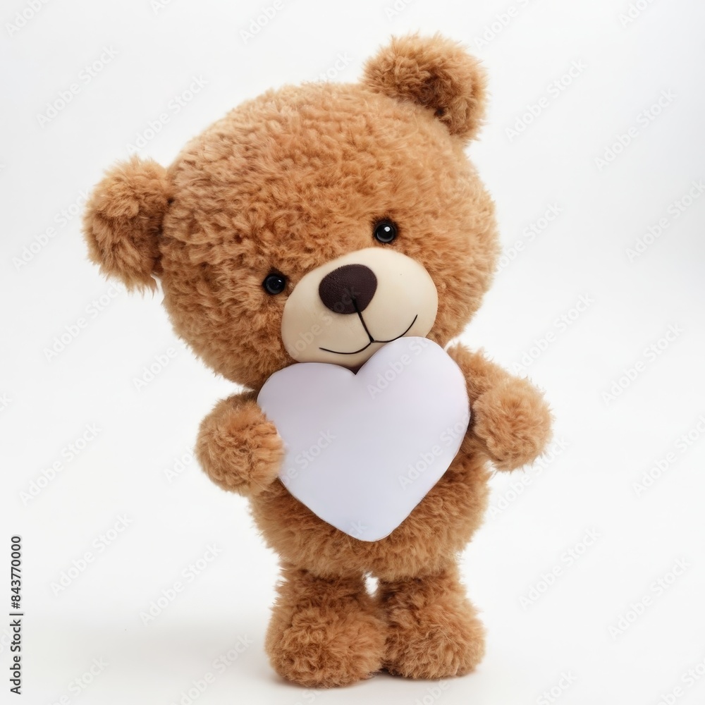 Obraz premium A cute and lovely brown teddy bear holding a white heart