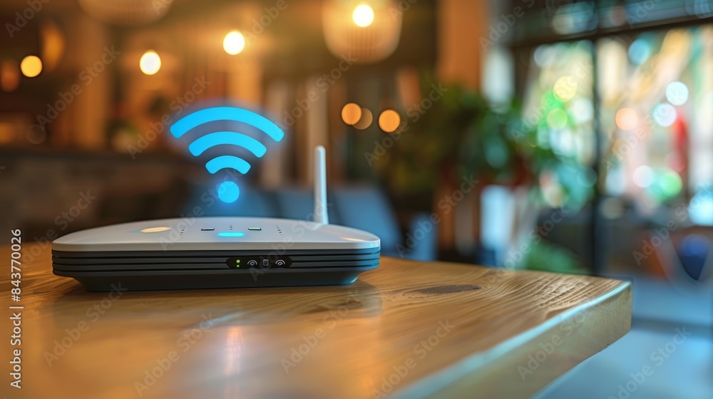 Wi-Fi router on wooden table in cozy cafe with bokeh lights Wi-Fi router on wooden table in cozy cafe with bokeh lights
