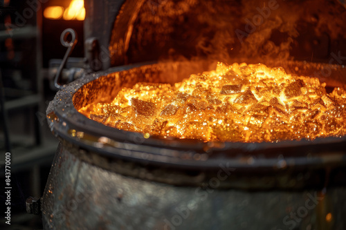 Close-up shot of gold being purified in a furnace, glowing molten gold, intense heat, smelting process, with safety equipment visible.. AI generated.