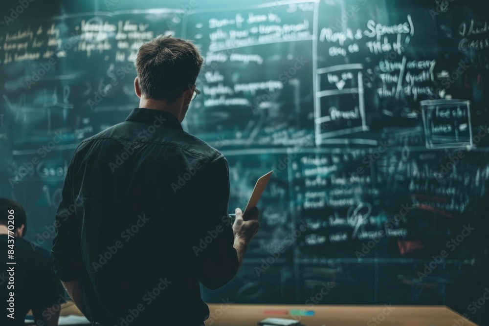 Man standing in front of a blackboard with writing on it Man standing in front of a blackboard with writing on it