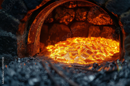 Close-up shot of gold being purified in a furnace, glowing molten gold, intense heat, smelting process, with safety equipment visible.. AI generated.