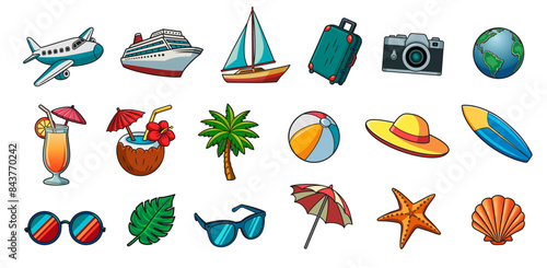 Travel illustrations stickers set. Tourism and summer vacations. Vector icons, cartoon stickers collection. Journey and tour. Graphic elements.