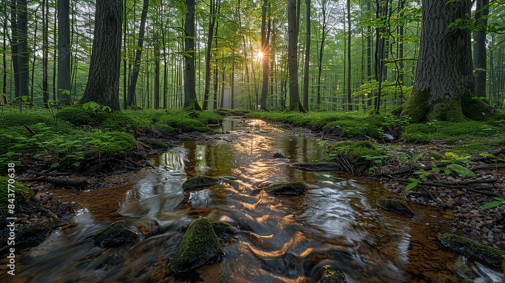 Fototapeta premium A tranquil forest with a river running through it, marred by the visible presence of industrial waste, highlighting the environmental consequences of factory activities. Dramatic Photo Style,
