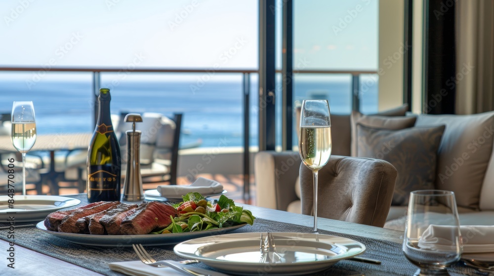 Fototapeta premium Luxury Hotel Dining Experience with Gourmet Steak Meal and Ocean View for Upscale Travel Promotion
