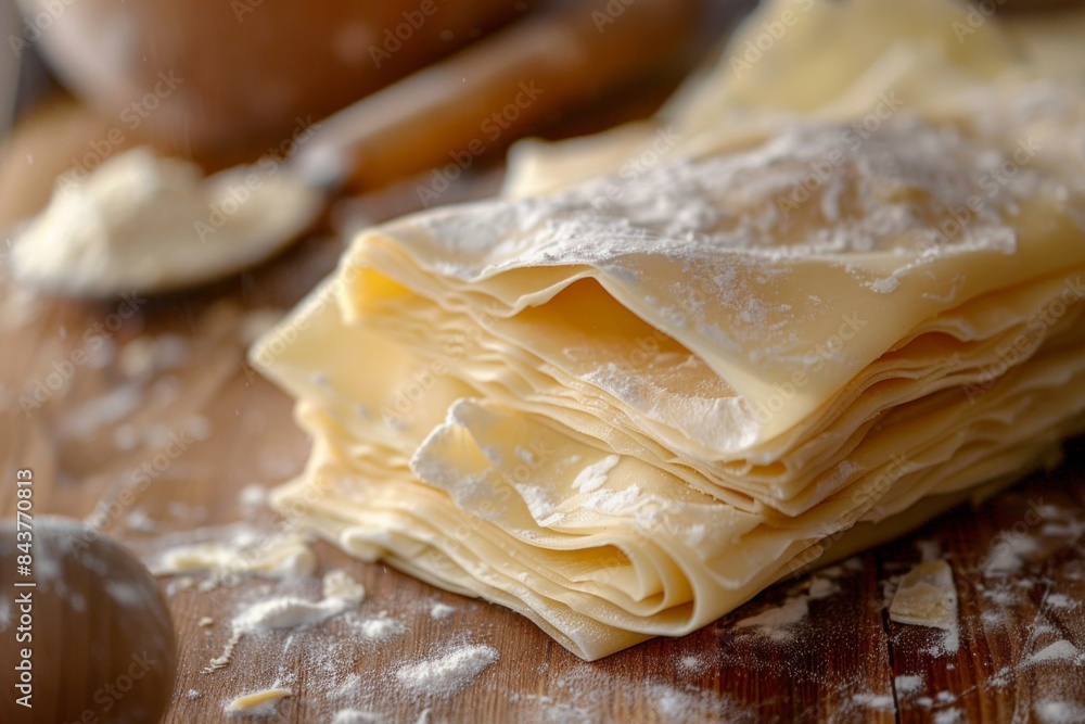 Stack of doughs on a wooden table, filo pastry dough type, food background
Stack of doughs on a wooden table, filo pastry dough type, food background